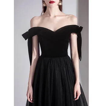 Женское Элегантное Черное Вечернее Платье с открытыми Плечами, Длинные Тюлевые Вечерние Платья robe de soiree вечернее платье