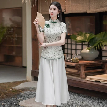 Летний Костюм Tang, Новый китайский традиционный национальный стиль, улучшенный топ-Чонсам и юбка, комплект одежды Tangzhuang из двух предметов