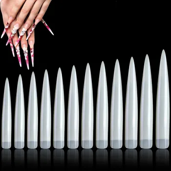 50 Мешков Накладных ногтей на шпильках, Удлиненные острые накладные наконечники для дизайна ногтей, Набор Акриловых поддельных инструментов для ногтей 12 Размеров, Прозрачный Натуральный