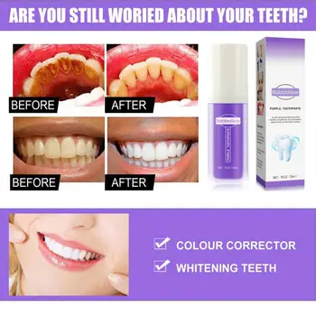 Отбеливающая Зубная паста V34 Фиолетовый Корректор зубов Эффективный Отбеливающий Мусс Для чистки полости рта Удаляет пятна от сигарет Уменьшает желтый цвет