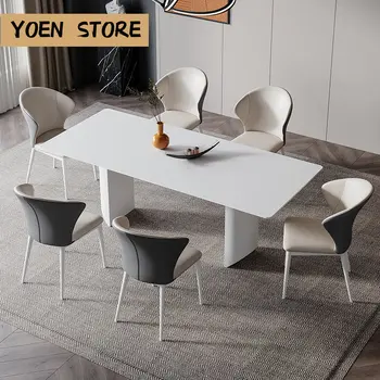Сочетание белого стола и стула, Мебель для Столовой, Современный дизайн, Каменная плита, 2 метра, 6 человек, Минималистичный кухонный стол