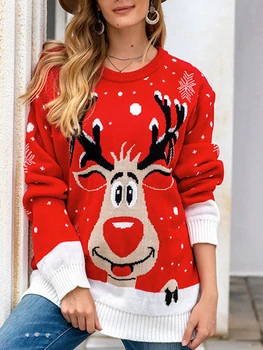 Женский праздничный рождественский свитер с оленем - уютный рождественский пуловер с длинным рукавом и круглым вырезом для девочек и дам