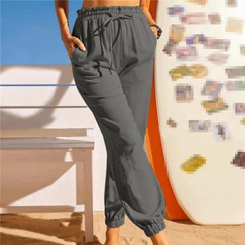 Весенне-осенние модные Новые хлопковые Льняные Леггинсы на шнуровке 2023, Однотонные повседневные брюки, женские
