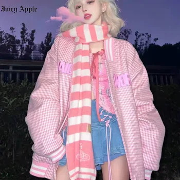 Juciy Apple, женская куртка-бомбер, Университетская куртка, американская ретро Розовая клетчатая бейсбольная куртка, пальто-бомбер 2022, Летняя ПОВСЕДНЕВНАЯ ЖЕНСКАЯ КУРТКА