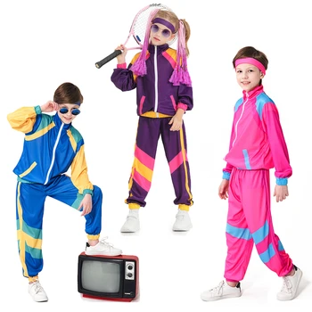 Детская фиолетовая синяя Розовая Ретро Винтажная хип-хоп Дискотека, Танцевальный Косплей, Детский костюм, Одежда для сцены из двух частей, костюм на Хэллоуин