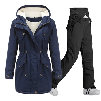 Зимний Лыжный костюм Для женщин, Утепленная флисовая куртка, брюки, Ветрозащитный комплект одежды для горного сноуборда на открытом воздухе, Лыжная экипировка