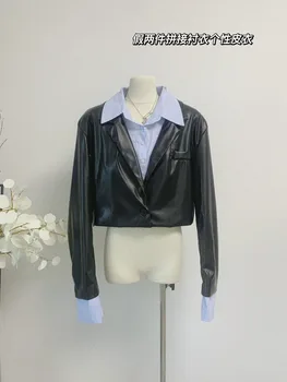 Винтажное Кожаное пальто в стиле Y2K с длинным рукавом, Женские Лацканы, модные топы в стиле ретро в американском стиле, Женская мода