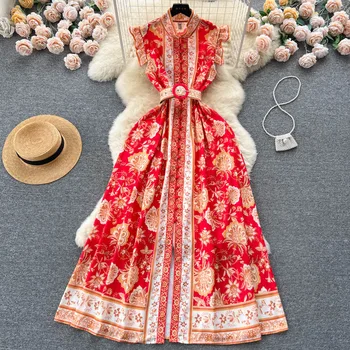 Винтажные платья Женские 2023, летнее новое длинное платье без рукавов с отворотом, с принтом, с рукавом-бабочкой, французское шикарное, дикое, Vestidos