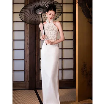 Элегантное Белое Длинное платье Чонсам с вышивкой на шее, китайская Традиционная женская одежда, высококачественные платья для свадебных вечеринок