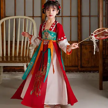 Костюм Тан с длинными рукавами для Красной Девочки Hanfu, китайский традиционный древний костюм Феи 2023, Новогоднее платье Hanfu для детей