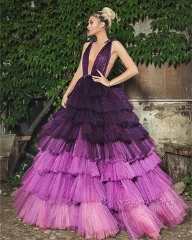 Многоуровневые разноцветные вечерние платья фиолетового цвета для женщин с глубоким V-образным вырезом и длиной до пола из тюля, сексуальная одежда для выпускного вечера по особым случаям