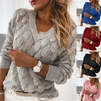 Женские свитера, пуловер, Осень-зима, Вязаный свитер с длинным рукавом и V-образным вырезом, выдалбливают перо, Женская одежда pull femme 2021