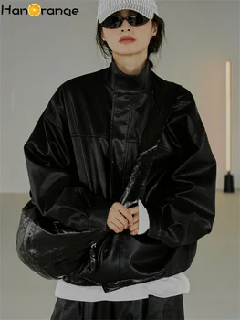 HanOrange 2023, Осенняя ретро-современная Мотоциклетная куртка из искусственной кожи, Женское Свободное Черное Повседневное Длинное Пальто, Женское