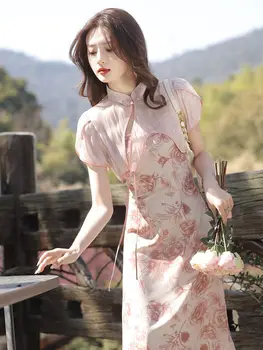 Розовое сексуальное платье Чонсам для молодых летних китайских девушек, повседневная женская одежда для молодых девушек, современное Чи-пао