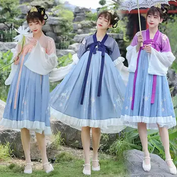 Женские элегантные платья Hanfu в китайском стиле, Древний традиционный танцевальный костюм Феи Династии Тан, Винтажные топы и юбки для девочек, комплекты