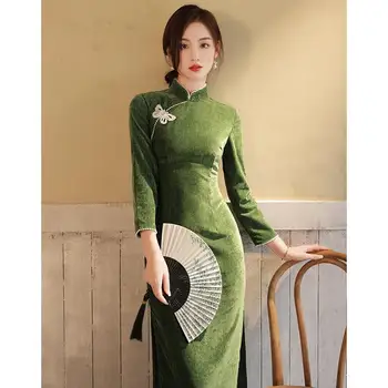 Традиционное платье Чонсам В китайском стиле, Женское Элегантное Винтажное Восточное платье Чонсам, Винтажное Зеленое Тонкое платье Vestido