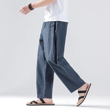Синицизм, Летние Прямые мужские брюки Ramie с вентиляцией, Свободные повседневные брюки в китайском стиле с несколькими карманами, Мужские брюки с пряжкой