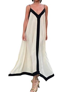 Женское повседневное длинное платье-комбинация с V-образным вырезом контрастного цвета на бретельках, пляжные платья трапециевидной формы