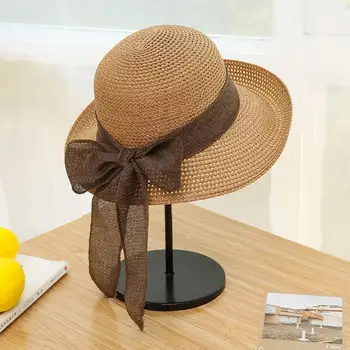 Летняя Женская Солнцезащитная шляпа С Бантом, Пляжная шляпа, Солнцезащитная шляпа с большими полями, Женская Большая Соломенная шляпа