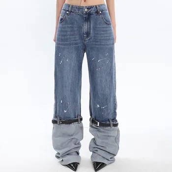 Новый Летний дизайн ремешка, контрастные повседневные брюки с сенсорной краской для женщин, персонализированная строчка, Выстиранные джинсы, Уличная одежда для женщин