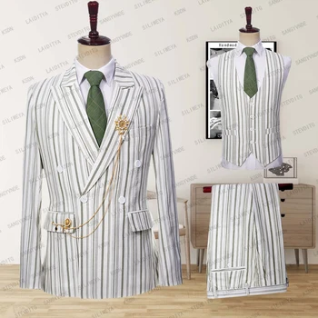 2023 Весенний Зеленый Белый полосатый Льняной Повседневный приталенный Мужской костюм, Куртка, Брюки, Комплект из 3 предметов (Куртка + брюки + Жилет)