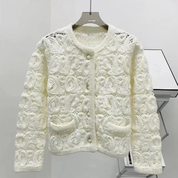 Корейский стиль 2023, Осенний шик Для женщин, Высококачественные шерстяные Открытые Белые вязаные куртки, Элегантные кардиганы с круглым вырезом, Топ C659