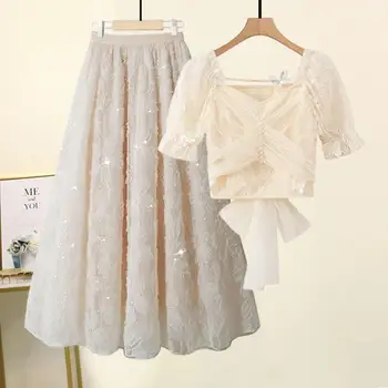 Женский корейский популярный милый и элегантный комплект юбок, сексуальная кружевная шифоновая рубашка, тюлевая юбка-пузырек, комплект из двух предметов, вечернее платье