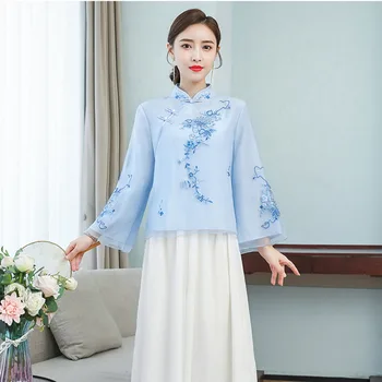 Винтажный костюм эпохи Тан, женская рубашка с вышивкой в китайском стиле, Новинка 2023 года, Китайский топ Hanfu Cheongsam, традиционные женские блузки, одежда Дзен