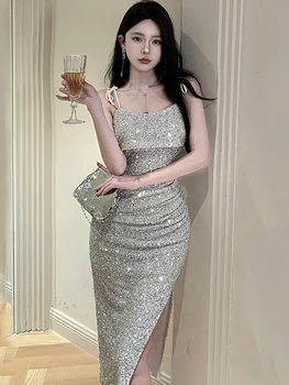2023 Корейское Винтажное Роскошное платье Миди с блестками, Женское Элегантное Облегающее Платье с шикарным бантом на бретелях, Сексуальное платье, Летние Модные платья для танцевальных вечеринок