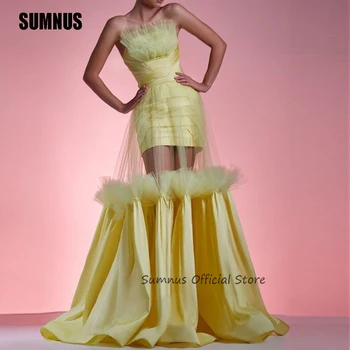SUMNUS Желтые атласные Вечерние платья Трапециевидной формы, Модные Платья без рукавов, Иллюзионное Драпированное Вечернее платье для выпускного вечера, современный стиль
