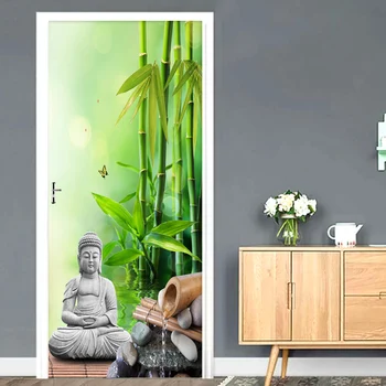 3D обои Абстрактные Бамбуковые Обои с изображением Будды Наклейка на дверь гостиной Спальни Классический Домашний декор ПВХ Водонепроницаемые Фрески