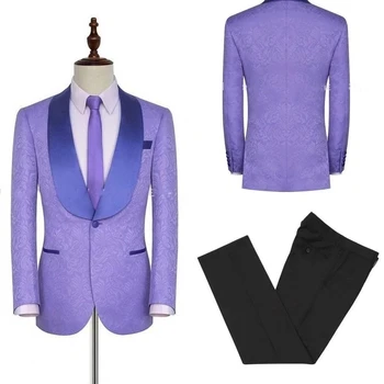 Роскошный Свадебный костюм жениха, лавандово-фиолетовое жаккардовое пальто, Блейзер для мужчин, костюм для взрослых, одежда с фантазийным принтом Бабочки, 2 предмета