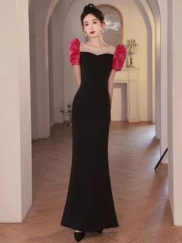 Черные атласные платья для выпускного вечера в стиле Русалки, Элегантная иллюзия, О-образный вырез, Молния, Ретро, пышные рукава, Розово-красный Длинный Халат, Женские вечерние платья для вечеринок