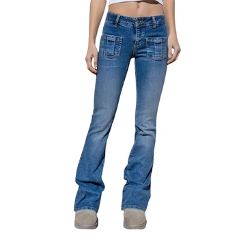 Женские винтажные джинсовые брюки в обтяжку с блестящими стразами и звездами, джинсовые брюки-клеш с низкой талией, Уличная одежда