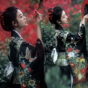 Кимоно Женское Вечернее Платье Традиционный Костюм Кимоно Юката Косплей Японская Фотография Ретро Маленькая Блузка с Вибрирующими рукавами