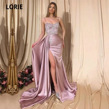 Лори арабский вечерние платья со съемной юбкой на бретельках с бисером атласная сторона Сплит розовый Пром платье русалка вечернее платье