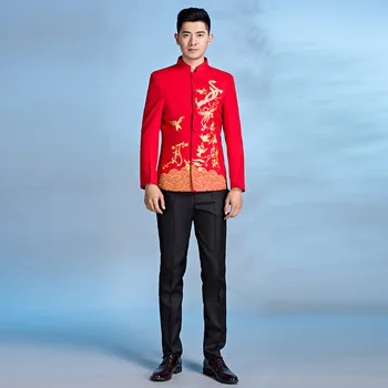 Комплект из двух предметов, Китайские традиционные красные костюмы с вышивкой на пуговицах, Мужской костюм, Свадебные костюмы, Комплект брюк, Плюс Размер 4xl