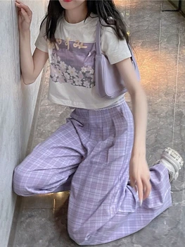 HOUZHOU Корейские модные фиолетовые клетчатые брюки Женские Kawaii Soft Girl Oversize С высокой талией Широкие брюки в клетку для женщин