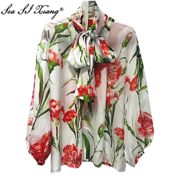 Seasixiang Модные дизайнерские весенне-летние блузки из 100% шелка, женские блузки со шнуровкой, воротник-фонарь, рукав с цветочным принтом, винтажная свободная рубашка