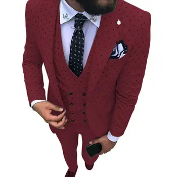 Мужской Бордовый костюм, Комплект из 3 предметов, Приталенный Двубортный жилет с вырезами на лацканах, Смокинги для Жениха на Свадьбу (Блейзер + жилет + Брюки)