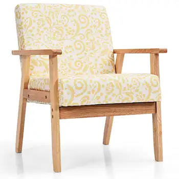 Кресло для отдыха Costway Modern Accent С мягкой обивкой и ножкой из каучукового дерева Желтого цвета в цветочек