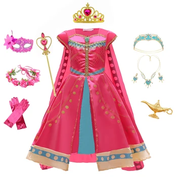 Платье для косплея Жасмин для девочки, костюм принцессы Аладдина на Хэллоуин, Рождественская роза, Розовые платья с плащом-накидкой
