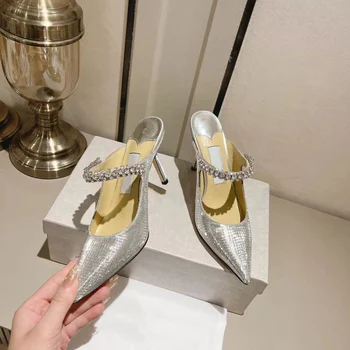 Серебристые женские босоножки весна-лето 2023, новые туфли на тонком высоком каблуке со стразами, сексуальная сетчатая выдолбленная повязка на голову, полуботинки
