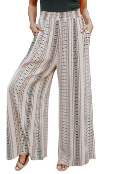 Бежевые широкие брюки с геометрическим рисунком и гофрированным принтом