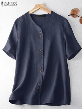ZANZEA Летние Женские топы с V-образным вырезом и коротким рукавом, повседневная однотонная блузка, Женская Повседневная Элегантная Свободная рубашка, Праздничные Свободные рубашки