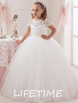 Простые детские платья Принцессы с коротким рукавом, Белое кружевное бальное платье, платья с цветочным узором для девочек на свадьбу, День рождения