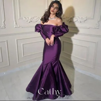 Элегантное платье-русалка Cathy с длинным рукавом, фиолетовое платье-русалка с открытыми плечами, выпускное платье-труба из изящного шелка 2023 года.