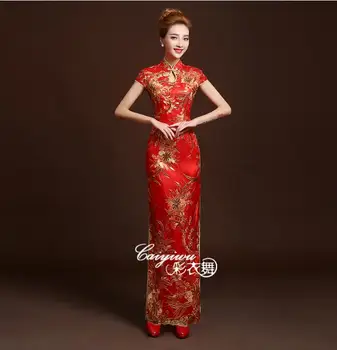 Свадебное китайское традиционное платье Ципао Для Невесты с пайетками, Летнее Красное Восточное