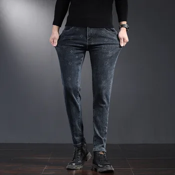 2023 Зимние и Осенние Высококачественные Мужские Черно-Синие Хлопчатобумажные джинсы, Модные Повседневные Обтягивающие джинсы, Мужские брюки