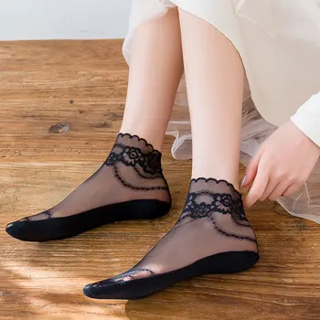 Женские невидимые кружевные носки с цветами, женские ультратонкие дышащие сетчатые эластичные носки в стиле 